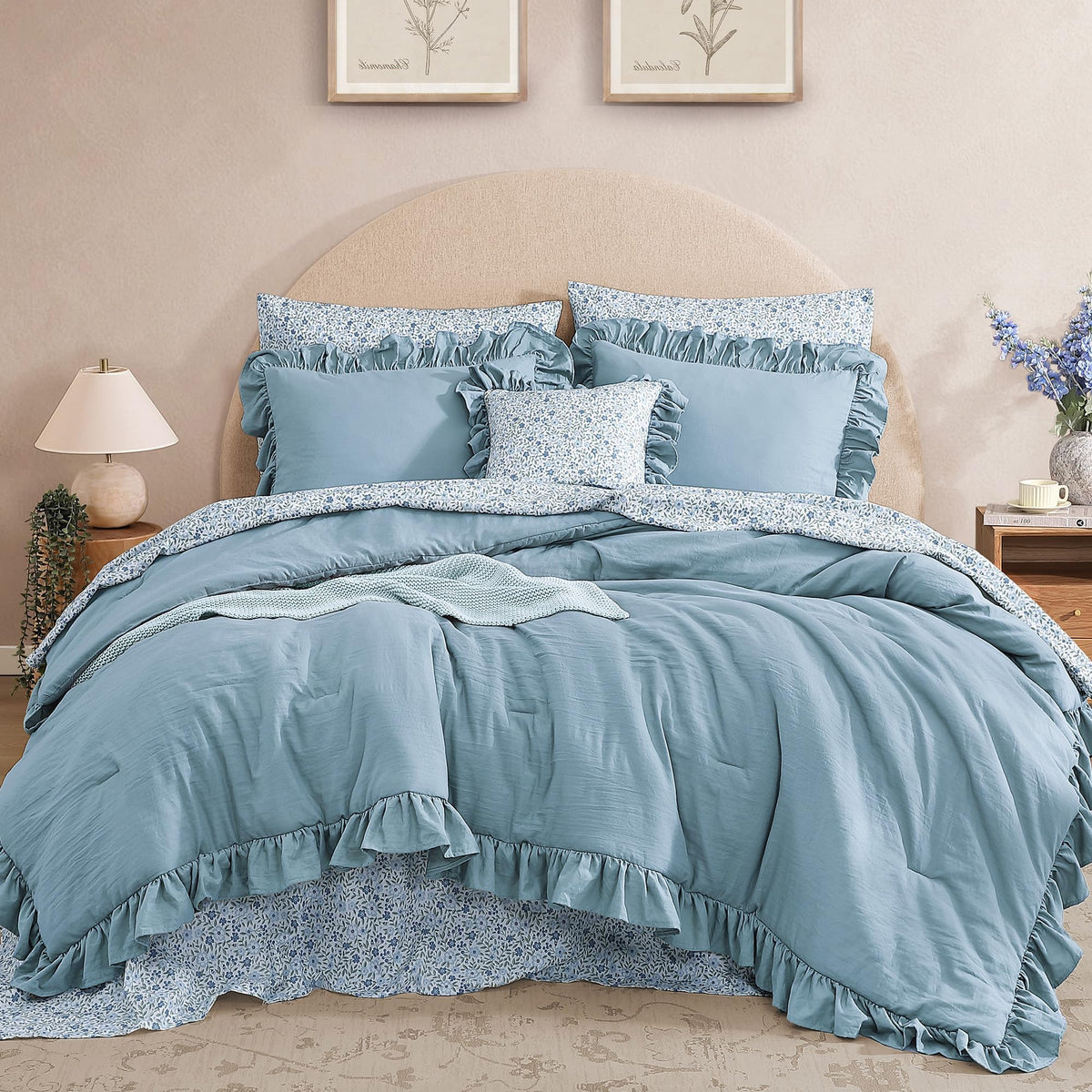 BLOOMHAVEN Queen Comforter Set-7 Pieces Ruffle Bedding with Floral Sheet
