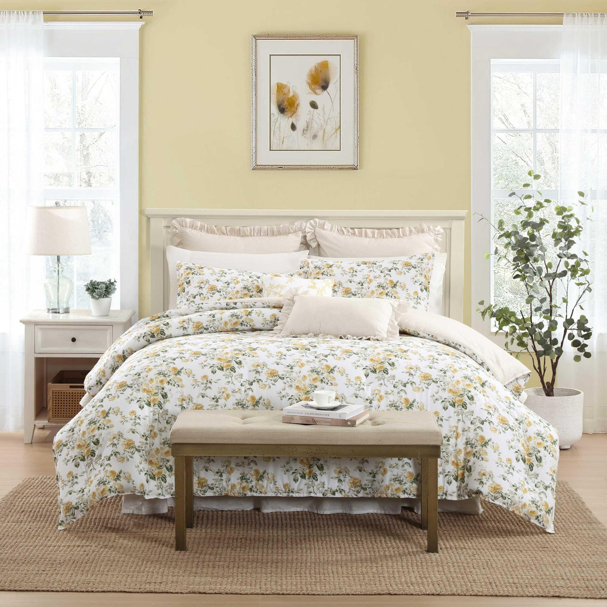 Laura Ashley – Queen Comforter Set, Cotton Bedding with Matching Shams & Bonus Decorative Pillows, Medium Weight, Floral Bedroom Decor, 7-Piece, College Dorm Room Essentials (Nora Blue)