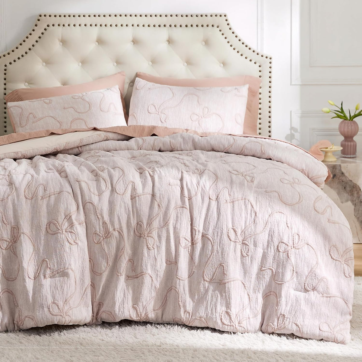 Bedsure Pink Comforter Set Cute Bow Bedding Set Queen GentleSoft™ 3 Pieces
