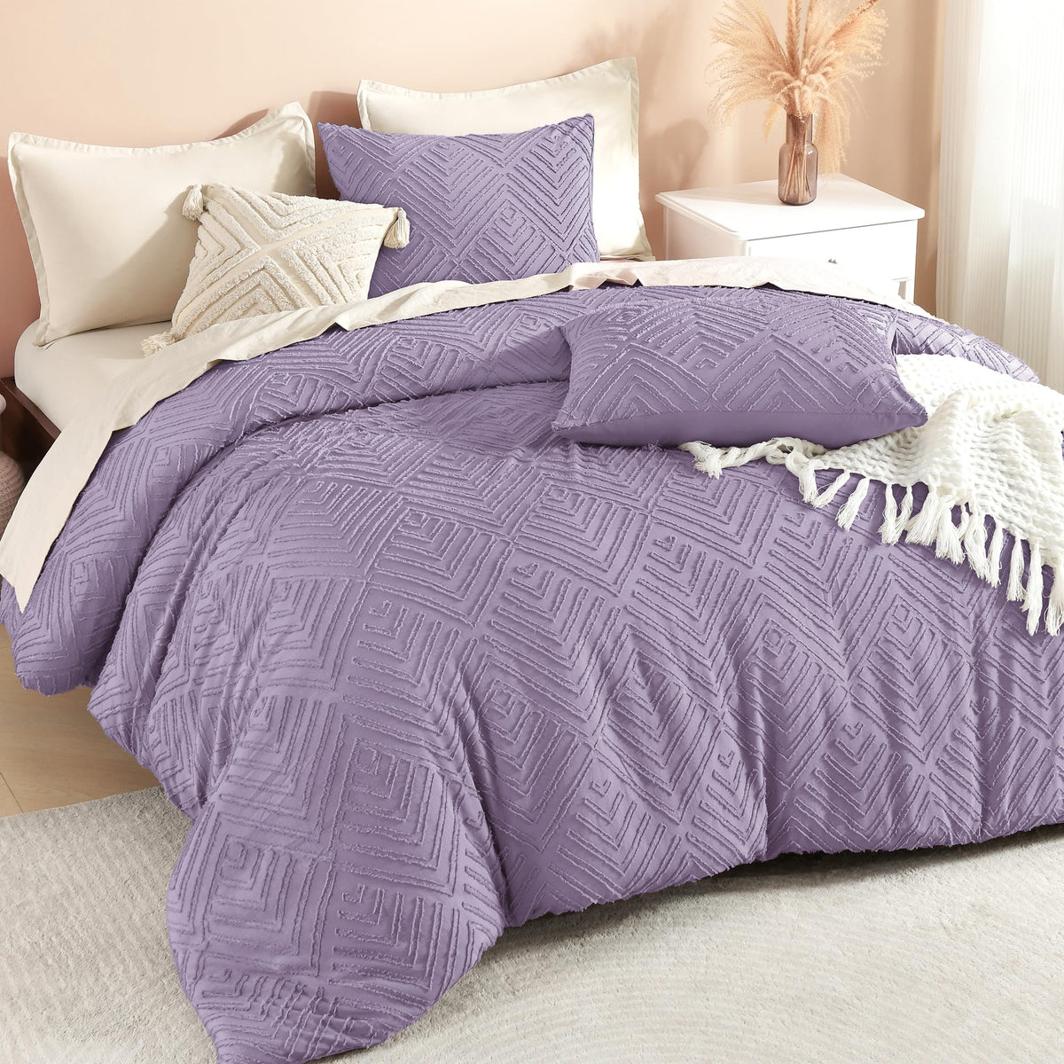 Litanika California King Comforter Set, 3 Pcs Beige Tufted Boho Bedding Set