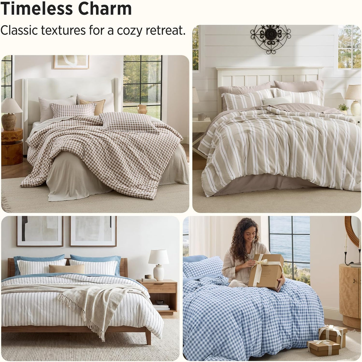 Bedsure Brown Gingham Comforter Set Queen Size, Soft Fall Bedding 3 pcs