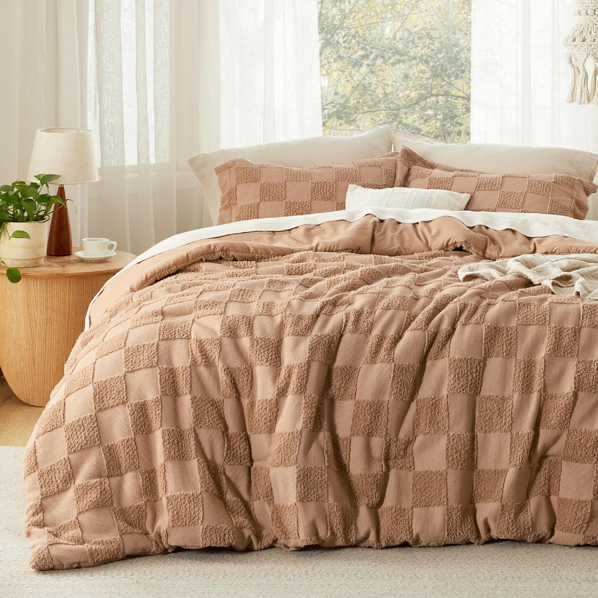 Bedsure Comforters Queen Set Boho, Vintage Plaid Bedding Set Beige 3 Pcs