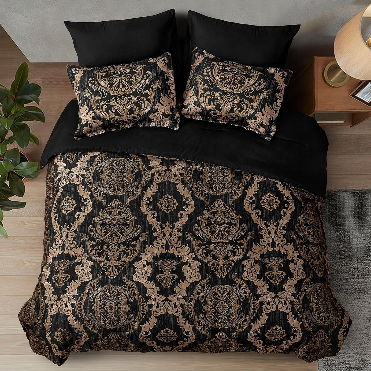 WONGS BEDDING Black Comforter Set King Size, Gold Damask Texture 7 Pieces Bed in a Bag Microfiber Comforter Bedding Sets -1 Comforter, 1 Flat Sheet, 1 Fitted Sheet, 2 Pillow Shams, 2 Pillowcases