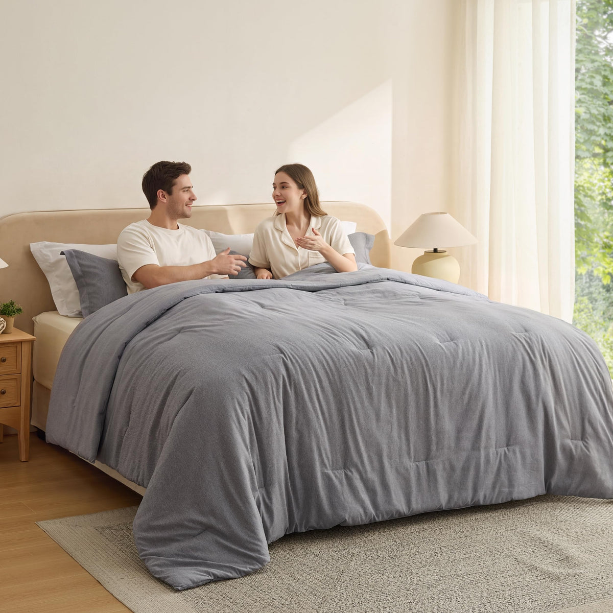 Bedsure Queen Size Comforter Sets, Beige Cationic Dyed Bedding Set 3 Pcs