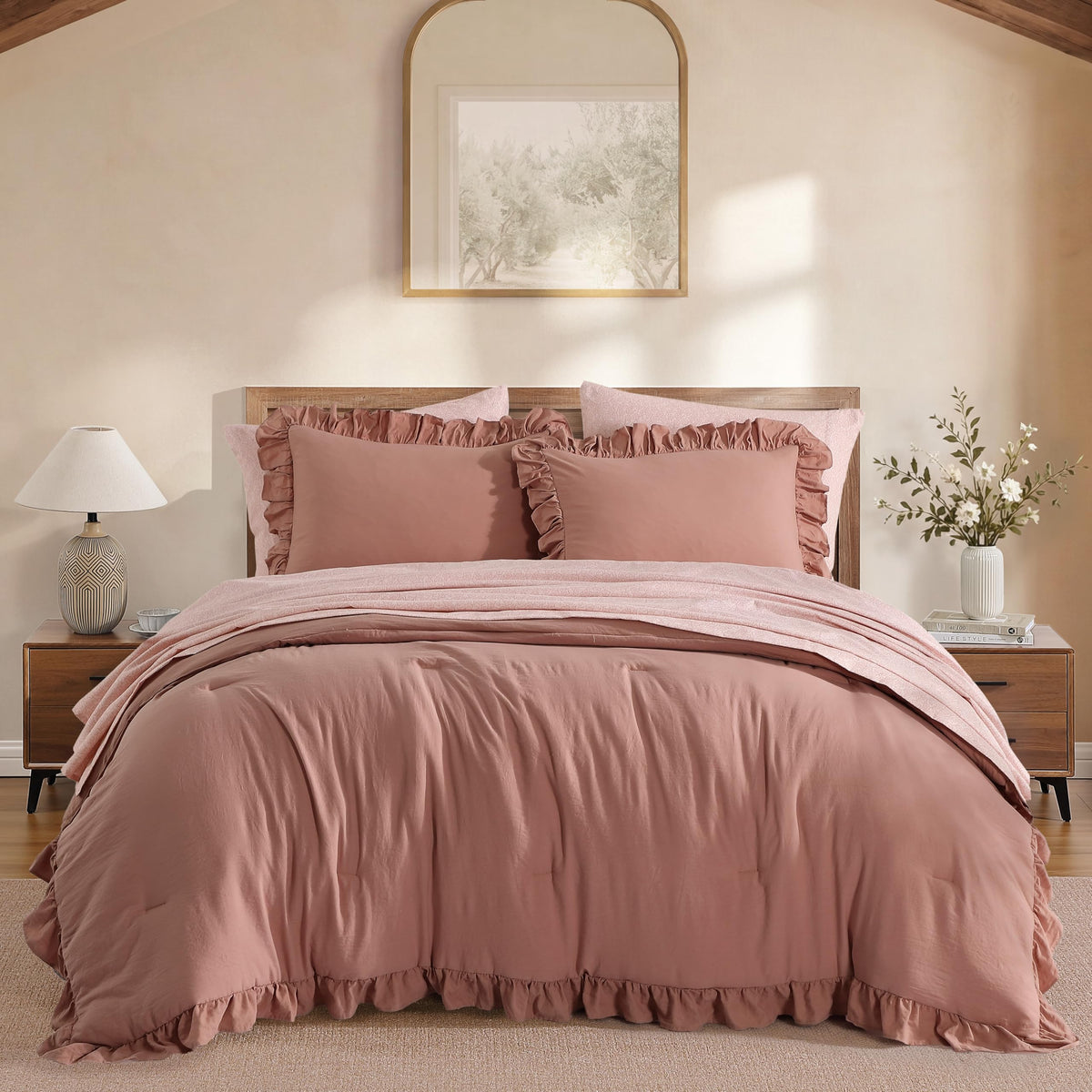 BLOOMHAVEN Queen Comforter Set-7 Pieces Ruffle Bedding with Floral Sheet
