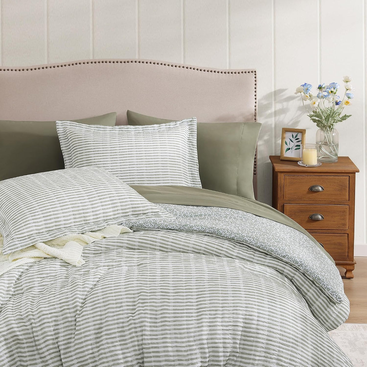 BLOOMHAVEN Queen Comforter Set-7 Pieces Green Plaid Floral Bedding Set