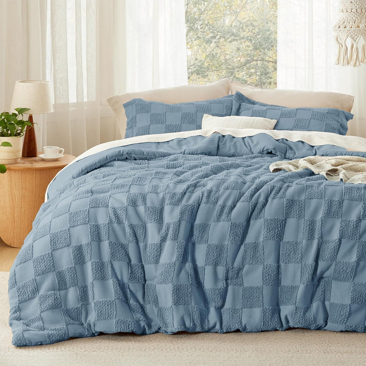 Bedsure Comforters Queen Set Boho, Vintage Plaid Bedding Set Beige 3 Pcs