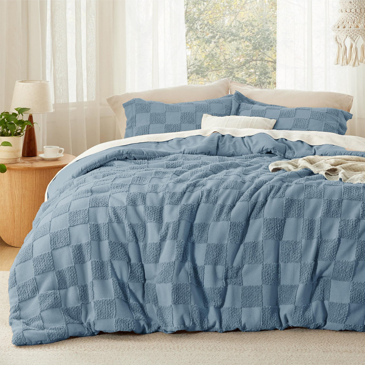 Bedsure Comforters Queen Set Boho, Vintage Plaid Bedding Set Beige 3 Pcs