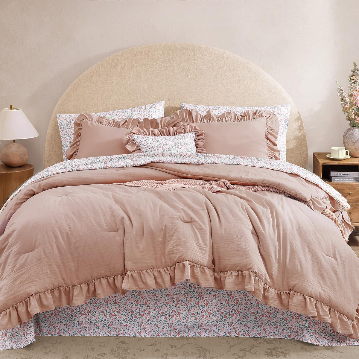 BLOOMHAVEN Queen Comforter Set-7 Pieces Ruffle Bedding with Floral Sheet