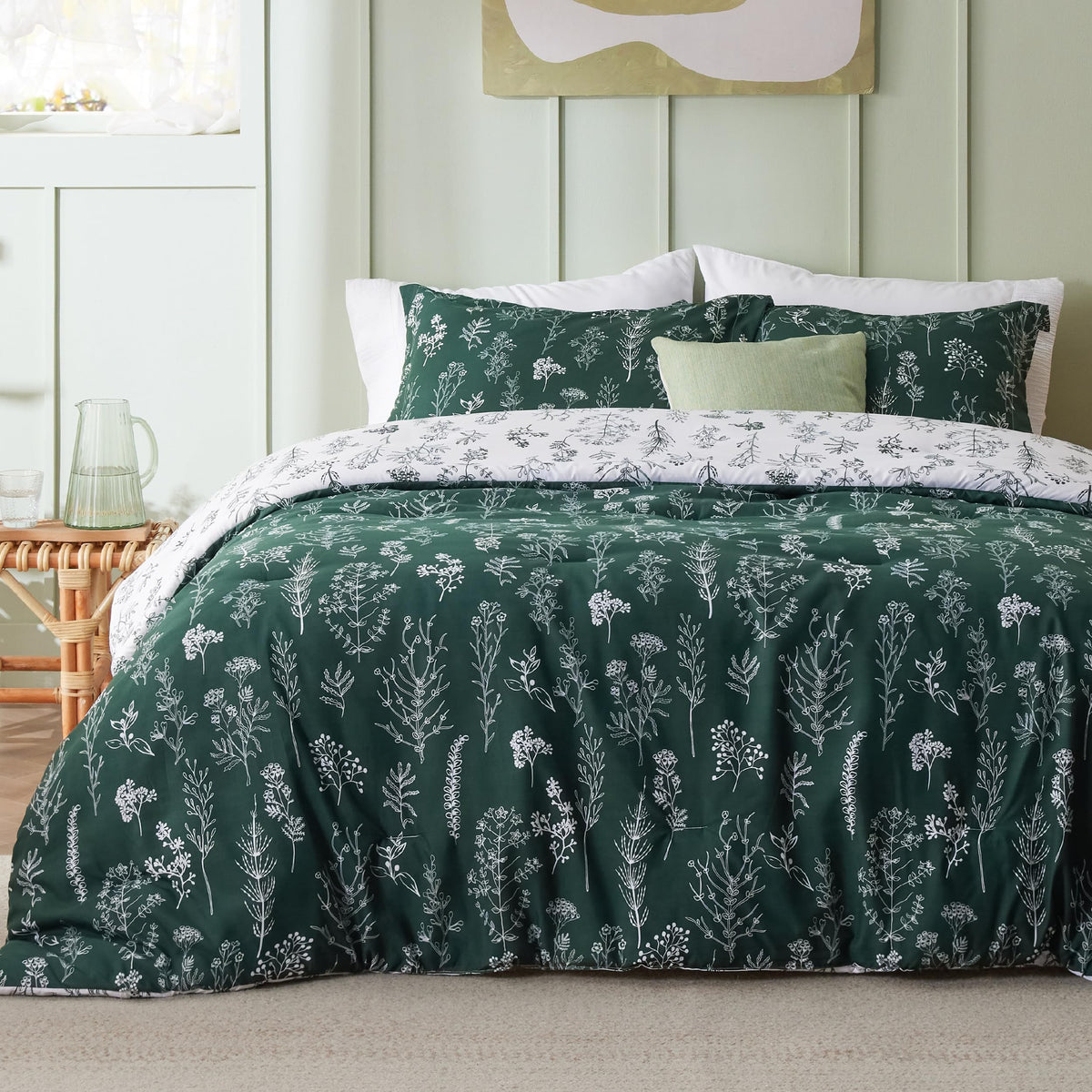Bedsure Floral Comforter Set Cute Bedding Set Queen Reversible Sage Green