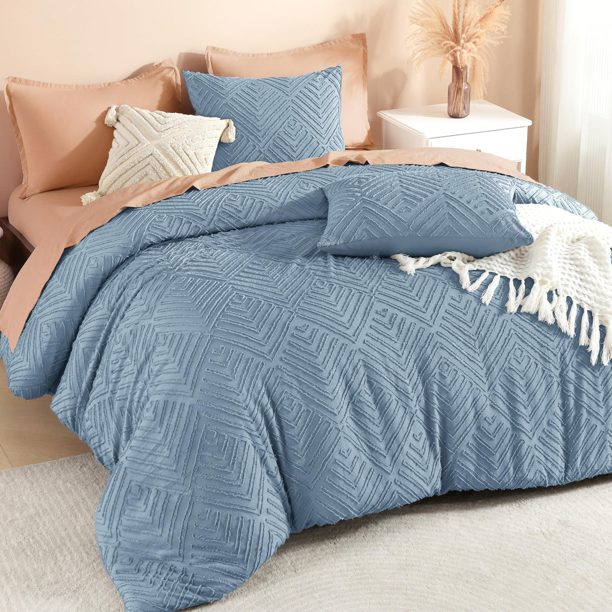 Litanika California King Comforter Set, 3 Pcs Beige Tufted Boho Bedding Set