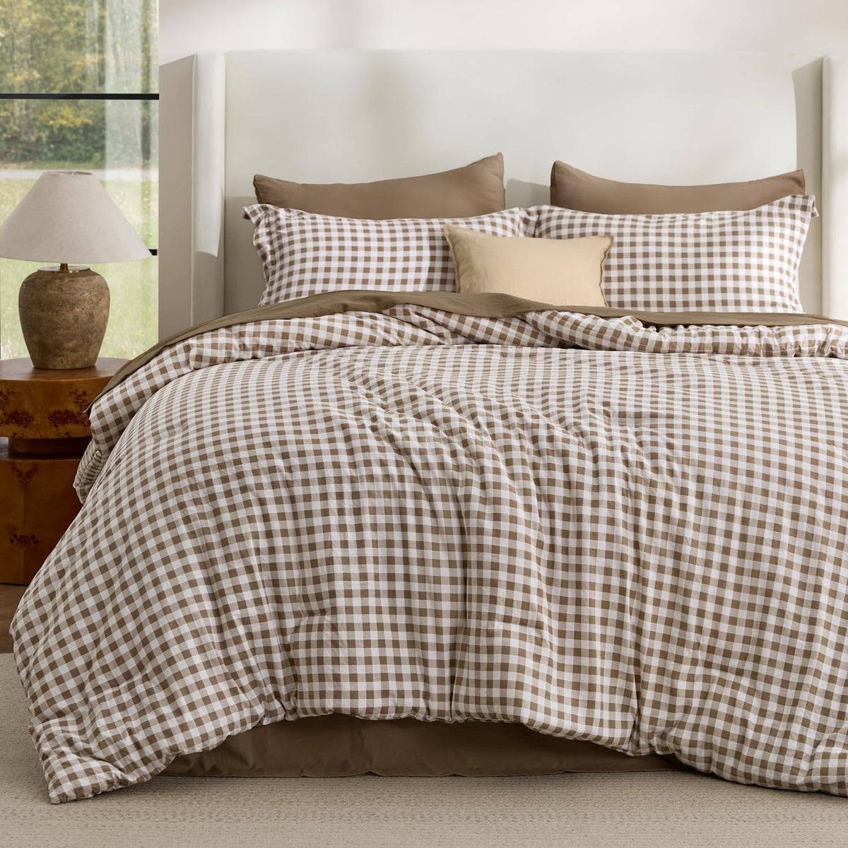 Bedsure Brown Gingham Comforter Set Queen Size, Soft Fall Bedding 3 pcs