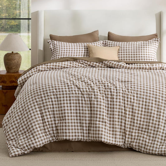Bedsure Brown Gingham Comforter Set Queen Size, Soft Fall Bedding 3 pcs