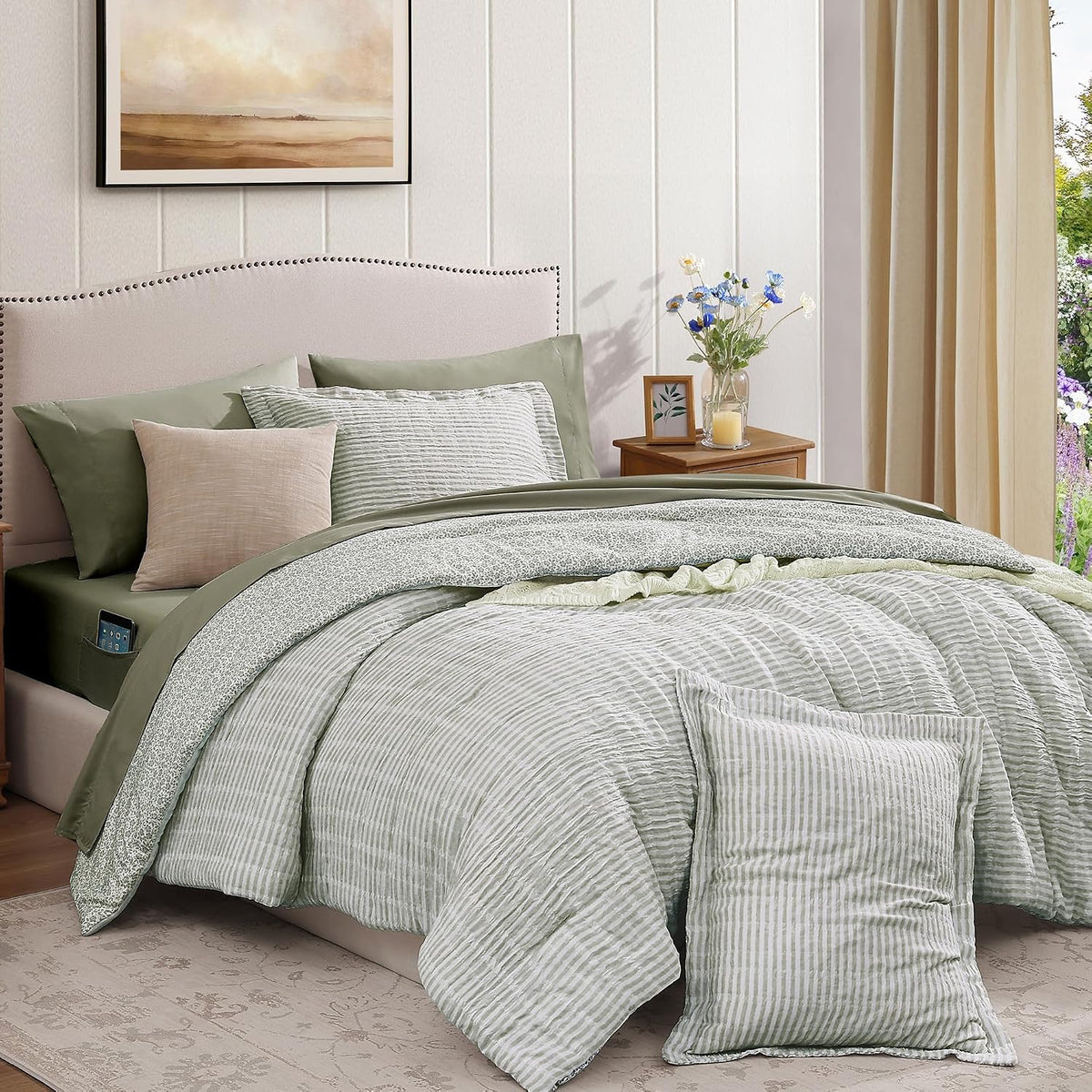 BLOOMHAVEN Queen Comforter Set-7 Pieces Green Plaid Floral Bedding Set
