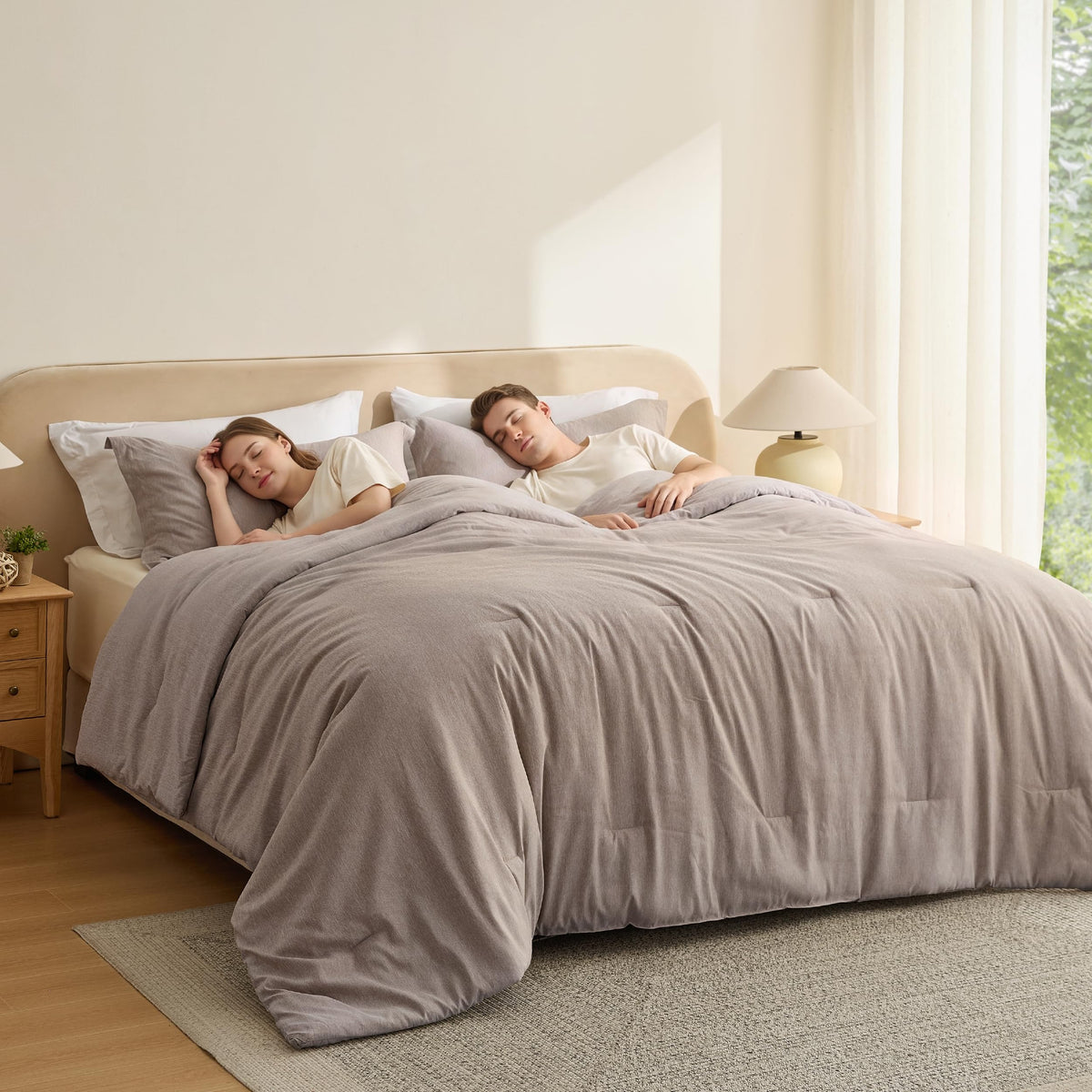 Bedsure King Size Comforter Set, Beige Soft Cationic Dyed Bed Set 3 Pcs