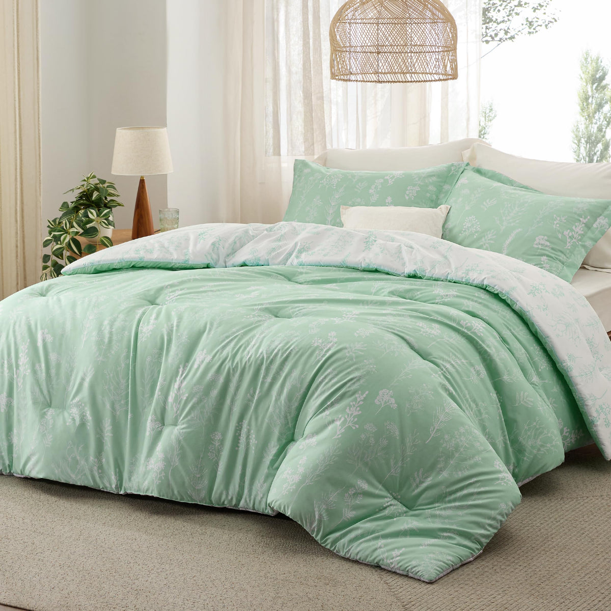 Bedsure Floral Comforter Set Cute Bedding Set Queen Reversible Sage Green