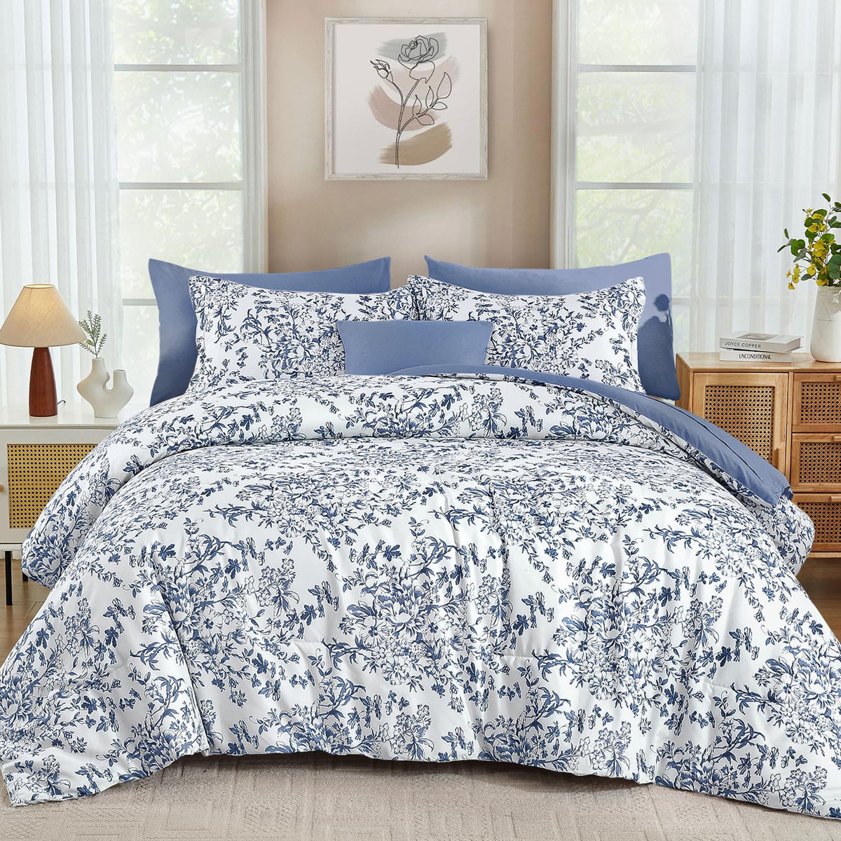 WONGS BEDDING 8 Pieces King Size Comforter Set Green,Sage Green Floral Bed in a Bag Comforter Sets, Soft Reversible Botanical Flowers Bedding Sets for All Season (90"x104")
