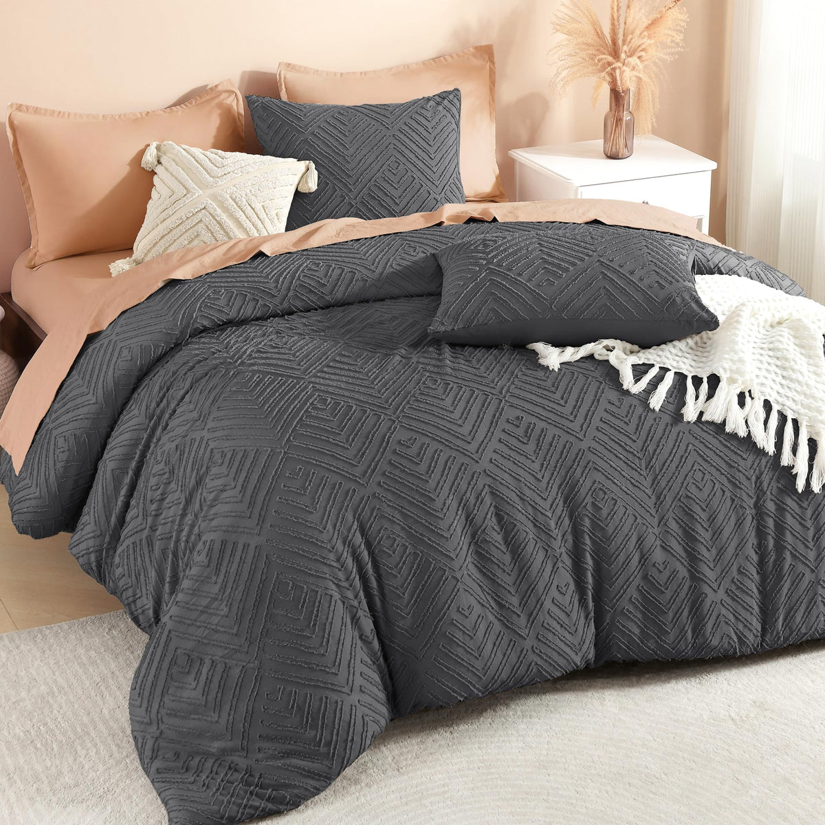 Litanika California King Comforter Set, 3 Pcs Beige Tufted Boho Bedding Set