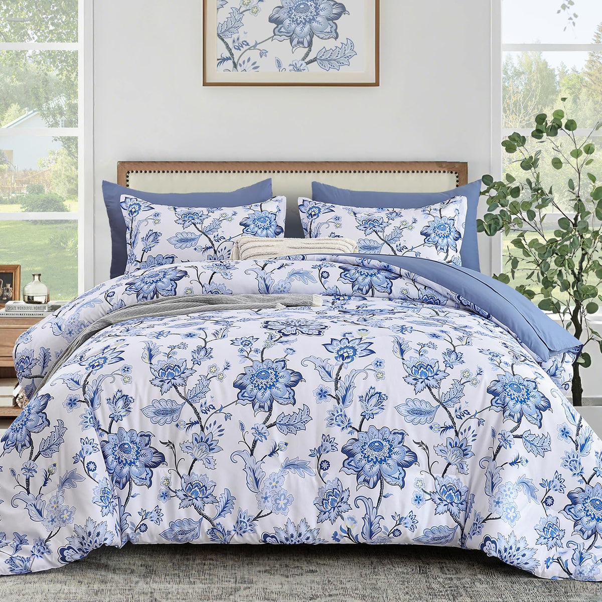 Luxudecor Sage Green Floral Queen Comforter Set, 7 Pieces Bed in a Bag