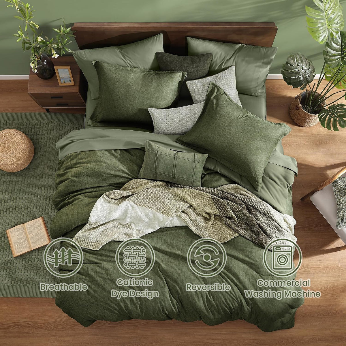 Monbix Queen Comforter Set 7 Pieces Cationic Green Bed in a Bag