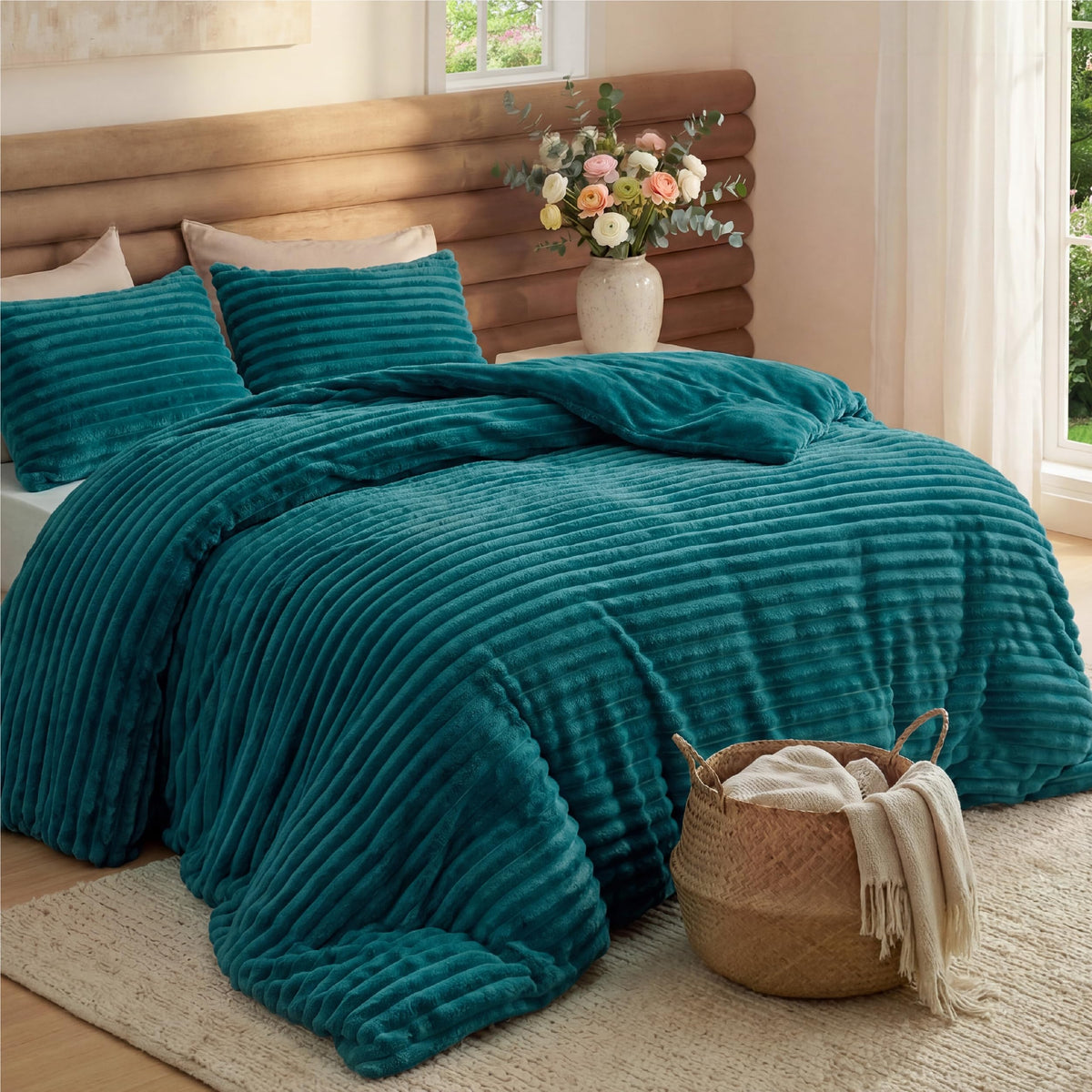 Bedsure Large Queen Fluffy Comforter Set, Cozy Fleece Cream White Bedding