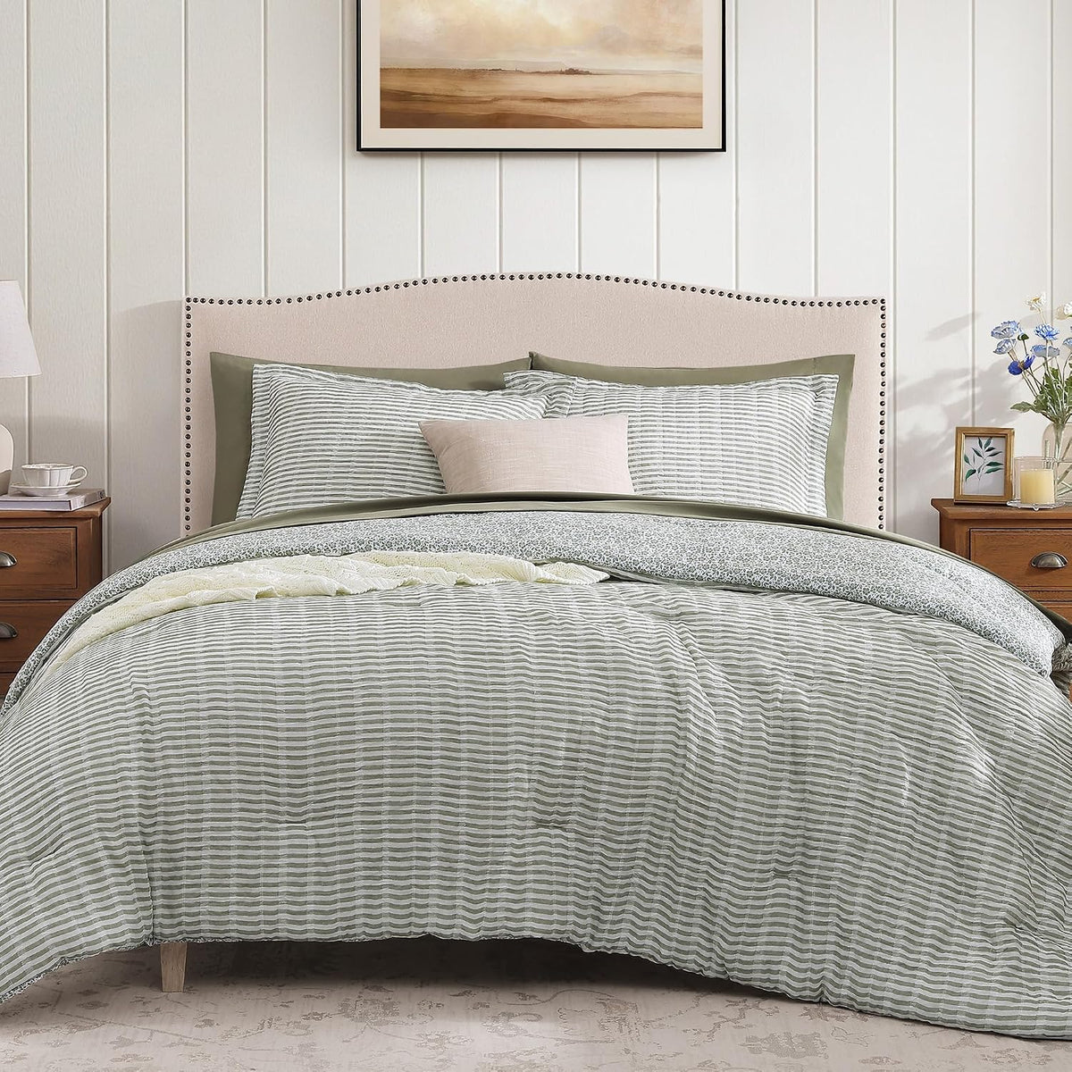 BLOOMHAVEN Queen Comforter Set-7 Pieces Green Plaid Floral Bedding Set