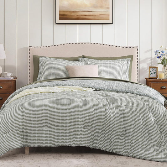 BLOOMHAVEN Queen Comforter Set-7 Pieces Green Plaid Floral Bedding Set