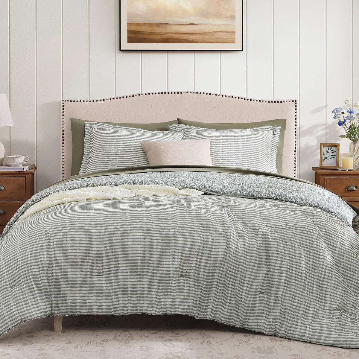 BLOOMHAVEN Queen Comforter Set-7 Pieces Green Plaid Floral Bedding Set