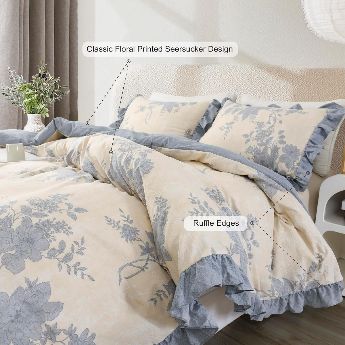 Oli Anderson King Comforter Set, Ruffle Floral Bedding Set, 3 Pieces, Blue