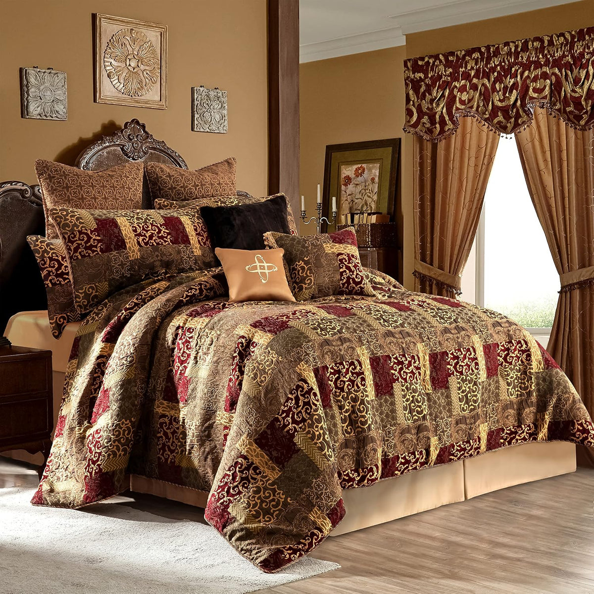 Loom and Mill 9-Piece Traditional Patchwork King Comforter Set, Red Gold