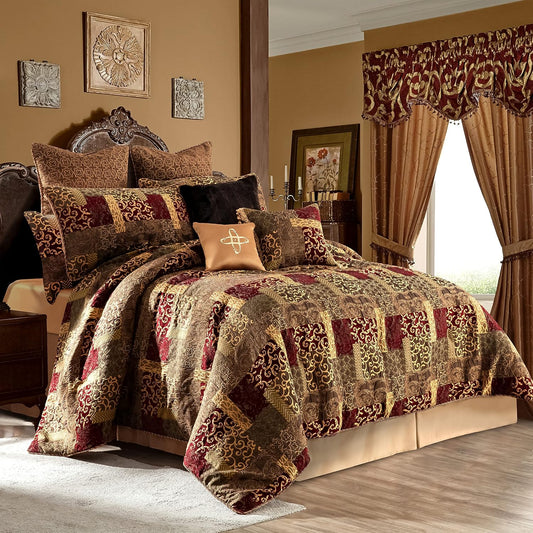 Loom and Mill 9-Piece Traditional Patchwork King Comforter Set, Red Gold