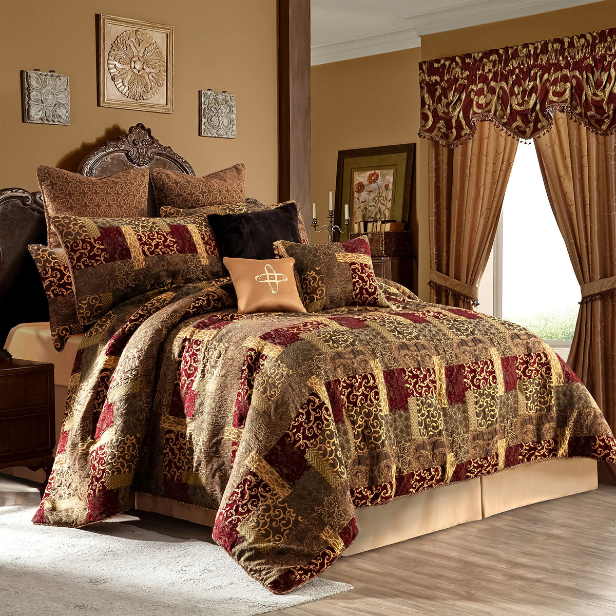 Loom and Mill 9-Piece Traditional Patchwork King Comforter Set, Red Gold
