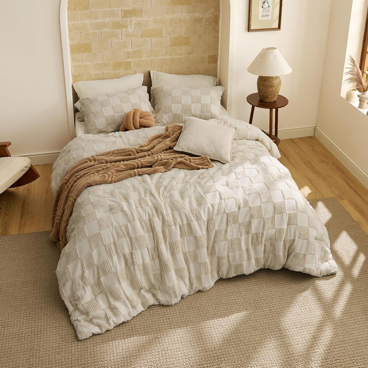 Bedsure Comforters Queen Set Boho, Vintage Plaid Bedding Set Beige 3 Pcs